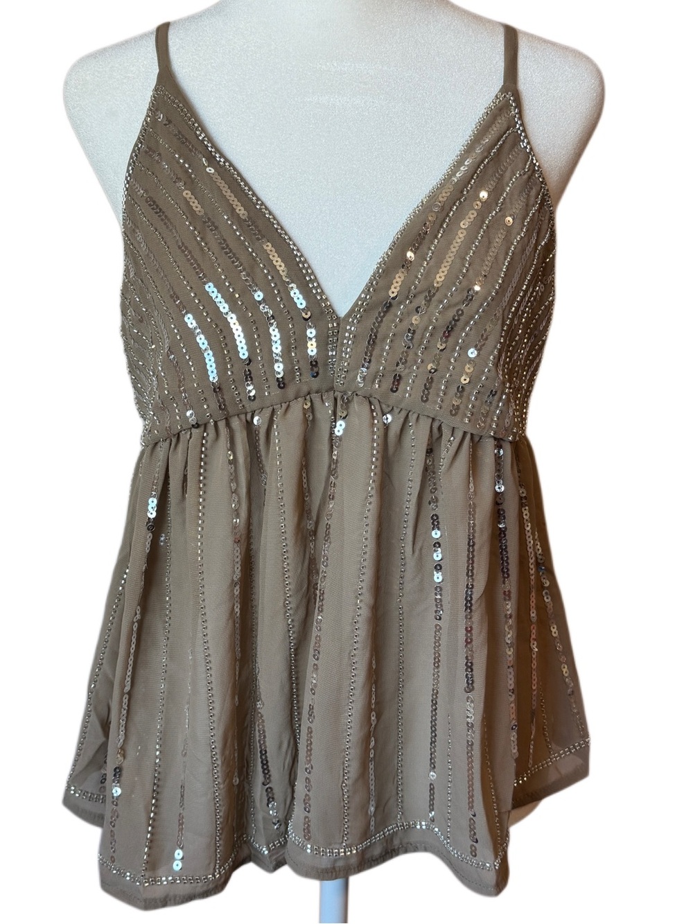 NWT Lizette Collection Mocha Taupe Brown Sequin Babydoll Cami Top M